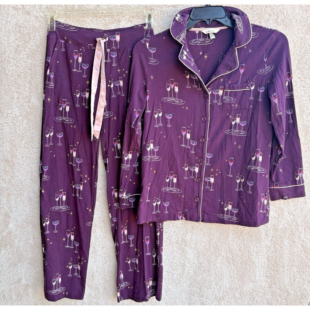 Soma Womens Long Sleeve Notch Collar Pajama Set Top Sz S Pants Sz XS Wine Glass